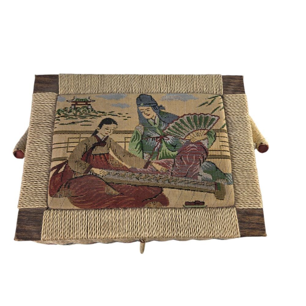 Vintage Sewing Basket with Handle Woven Asian Motif Fabric‎ Top Box 8 x 10.5 x 7